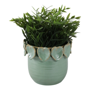 Vaso in Ceramica Rotondo con Bordo a Foglia per Uso Interno ed Esterno, Vaso per Fiori in Gres Verde, Arredo Moderno 8 Pollici - Product Image 2