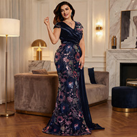 Robe de soirée élégante Impereal, grande taille, col en V, manches courtes, bleu marine, à sequins floraux, coupe sirène avec drapé latéral, pour bal et banquet