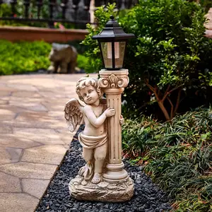 Outdoor Garden Solar Cherubino Statua di Angelo con Marmo Pilastro Polyresin decorazione