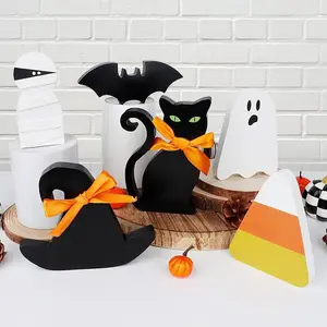 Black Cat Bat Candy shape Wooden Decorative Crafts Halloween Wooden Sign Decorations