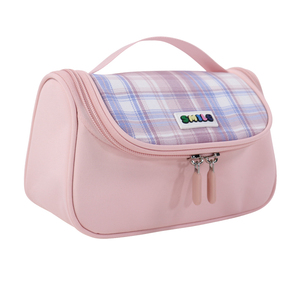 Bolsa de Papelería de Nailon Rosa a Cuadros Personalizada SENDA con Parche de Sonrisa, Estuche para Lápices para Guardar Útiles Escolares - Product Image 2