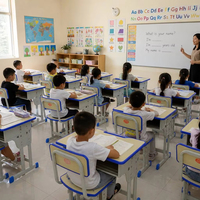 Ensemble scolaire ergonomique avec plateau de table en bois et structure en acier et bois, chaise de bureau réglable et durable avec boîte à livres pour les écoles du primaire au secondaire