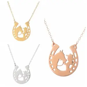 N1543 Stainless Steel Horse And Girl Horseshoe Shape Pendant Necklace Jewelry Horse Girl Necklace