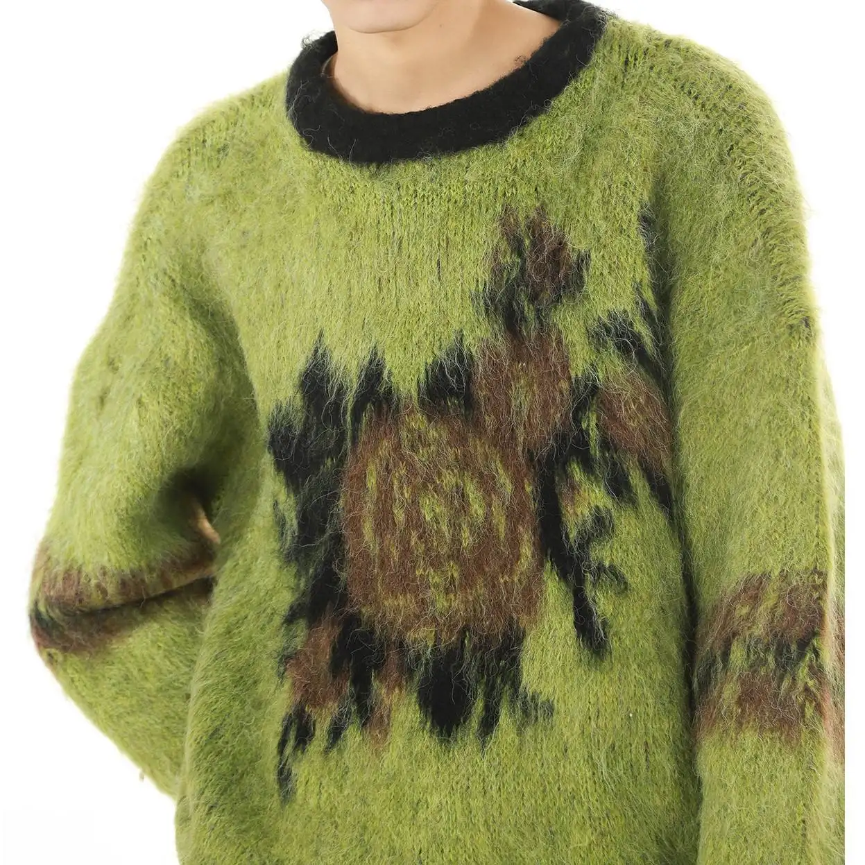 2023 Custom LOGO OEM & ODM men's sweater Mohair Jacquard knitwear men Crewneck pullover fuzzy knit jumpers winter cotton men