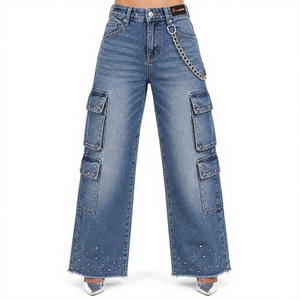 Vaqueros cargo de mezclilla de pierna ancha para mujer, personalizados al por mayor, de cintura alta, holgados, estilo vintage, lavados, azules, estilo urbano, utilitarios - Product Image 1