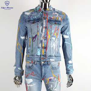 Kenar DENIM Denim özel nakış boya sıçramak mavi ceket özel nakış ceketler - Product Image 3