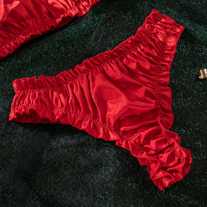 Women Red Satin Ruffle Lingerie <b>Set</b> 2 Piece Wireless Ruched Crop Bra and Thong <b>Set</b> Solid Color Intimates Breathable <b>Sexy</b> Bra <b>Set</b> - Product Image 6