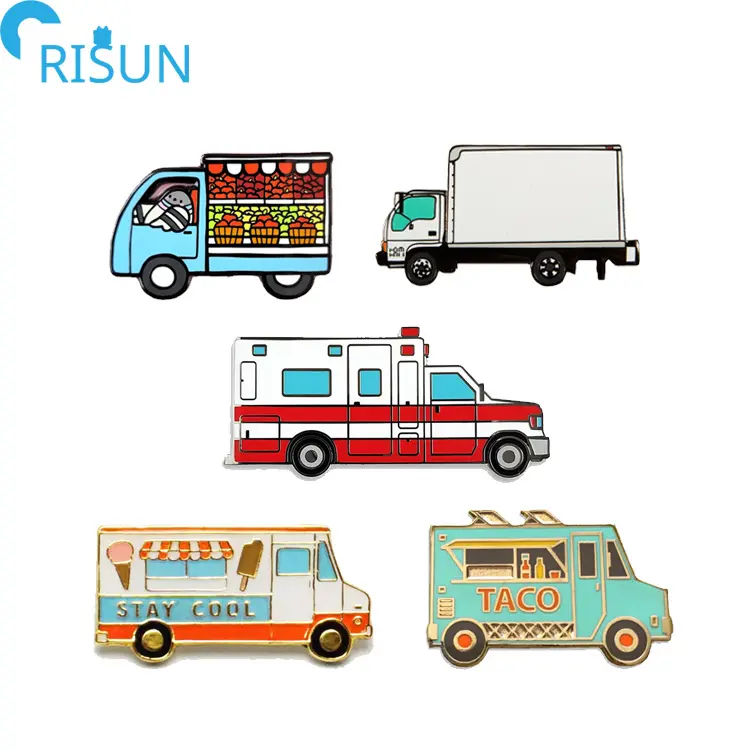 Commercio all'ingrosso ambulanza frutta camion smalto Pin Logo personalizzato proprio Design Bus Taco gelato auto morbido smalto duro spilla distintivo regali