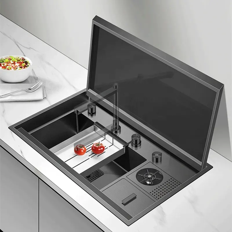 Hot Cold Water Tap Cup Washer Single Basin Bowl Cover 304 Stainless Steel Liner Hidden Folding Faucet Kitchen Sink