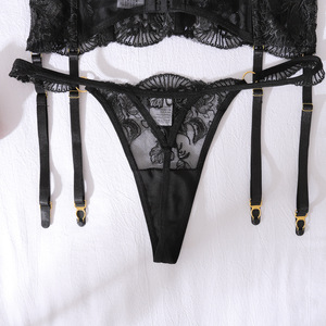 HXZ4676A Hochwertige schwarze Perspektive Erotische Dessous Bestickt Sexy Luxus Mesh BH Tanga Strumpfband Gürtel Dünne Dessous Set - Product Image 6
