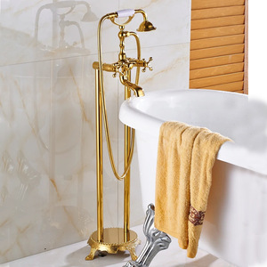 Ensemble de robinets de baignoire en laiton doré noir et antique, seau en bois froid et chaud, pommeau de douche style téléphone - Product Image 4