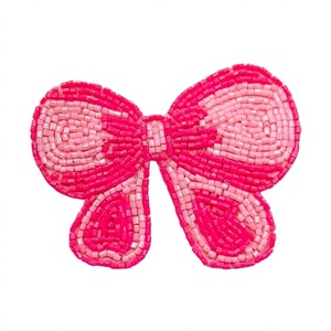 Pink Bow Beaded Copper Silver Plated Handmade Embroidered Women's Designer Fashion Brooch Patch Applique <b>for</b> Bag - Product Image 1