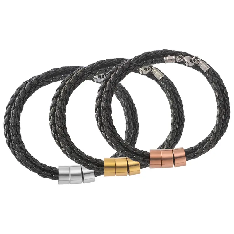 Pulseiras de couro preto ouro 18K de alta qualidade para homens, mulheres e homens, pulseiras de couro e titânio em aço trançado
