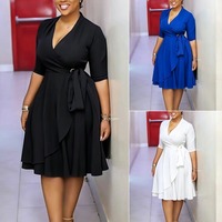 Robes tendance grande taille pour femmes, décontractées et élégantes, à lacets, manches mi-longues, col en V, ourlet asymétrique, robes africaines pour femmes