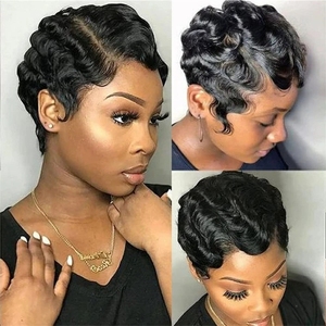 Letsfly Promotion 15$ <b>Short</b> Cut Finger Wave 13x4 Lace Frontal <b>Wigs</b> Wholesale Black Brazilian <b>Wigs</b> 100% Human Hair <b>Wigs</b> 100gram - Product Image 1