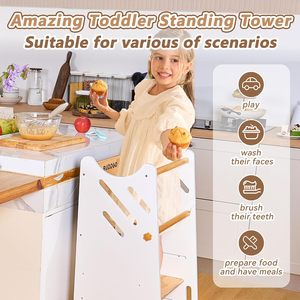 Toddler Tower, <b>Stool</b> for Kitchen, White Safty Rail Non-slip Pads 3 <b>Height</b> <b>Adjustable</b> Chalkboard Use Kitchen - Product Image 4