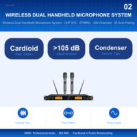 Système de microphone sans fil UHF double canal, 200 canaux, synchronisation IR, micro portable en métal, longue autonomie de la batterie, pour église, conférence, karaoké