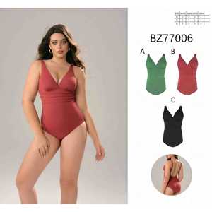 Costume da bagno intero da donna taglie forti con scollo a V, arricciato, controllo pancia, senza schienale, per l'estate e la spiaggia S-2XL BZ77006 - Product Image 1