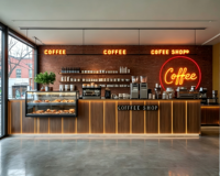 Koffiecounterdecoratie voor een verse fruitsapbar in een luchthavenwinkelcentrum, koffieshopontwerp, volledig winkelontwerp