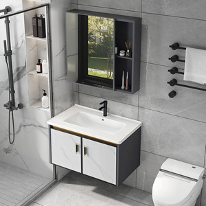 Mueble de Baño de Lujo de Aluminio Espacial Resistente al Agua con Lavabo de Cerámica Integrado para Hotel, Apartamento Pequeño, Balcón - Product Image 4