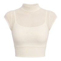 Haut court 2-en-1 pour femme à col montant en maille transparente, manches courtes extensibles effet nuage pour le yoga, le Pilates et le sport quotidien