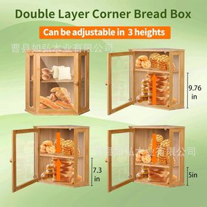 กล่องขนมปังไม้ไผ่สองชั้น กล่องเก็บของใสทรงมุมสำหรับวางบนเคาน์เตอร์ครัว - Product Image 3