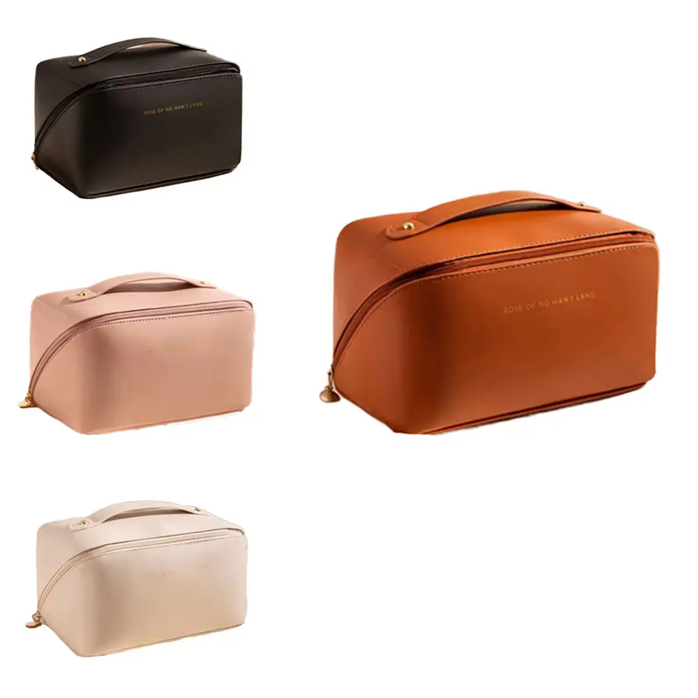 Large Leather Cosmetic Bag Portable PU Makeup Bag with Strap Anti-Dust Waterproof Opens Flat Lay Zipper Closure for Travel