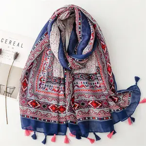 Neueste Ankunft Boho Style Navy Geometrisch bedruckte Baumwolle Voile Head Wraps Schals Mode Muslim Frauen Soft Cotton Print Hijabs