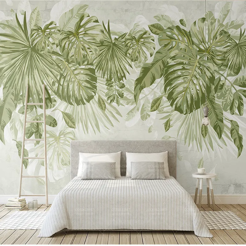 Mural no tejido de hojas verdes frescas para dormitorio, sala de estar, sofá, TV, Mural de papel de pared 3D personalizado de cualquier tamaño