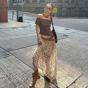 กระโปรงแม็กซี่ลายสก็อตสไตล์เรโทรสำหรับผู้หญิง เอวต่ำ แต่งสีตัดกัน ผ้าซีทรู หลายชั้น พลิ้วไหว ยาว เหมาะสำหรับแฟชั่นฤดูร้อน - Product Image 3