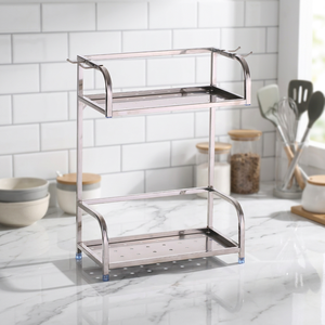 AK Brass Metal Floor/Wall Shelve With 2 Tiers Hole Design & Top <b>Hooks</b> Utility Shelve In Silver Finished For Office & Room Decor - Product Image 1