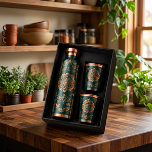 Juego de Botella de Agua de Cobre con Diseño de Mandala Verde Estético, con 2 Tazas, Ecológico - Product Image 1