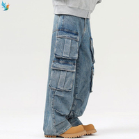 Pantalones Vaqueros Anchos de Mezclilla para Hombre, Estilo Urbano, Lavado Claro, con Múltiples Bolsillos Cargo