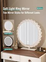 Ensemble de coiffeuse moderne Japandi crème et noyer avec miroir LED rond, bureau de maquillage à 5 tiroirs avec armoire latérale, ensemble de rangement pour chambre à coucher