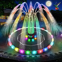 Fontaine solaire extérieure étanche IP68 pour bain d'oiseaux avec batterie de secours, éclairage RVB pour fonctionnement nocturne, 7 buses pour la décoration de bassin et piscine
