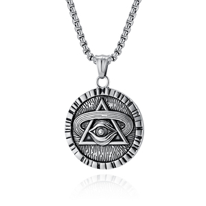 Collier pour homme en acier inoxydable avec pendentif rond géométrique égyptien rétro, triangle, œil d'Horus - Product Image 1