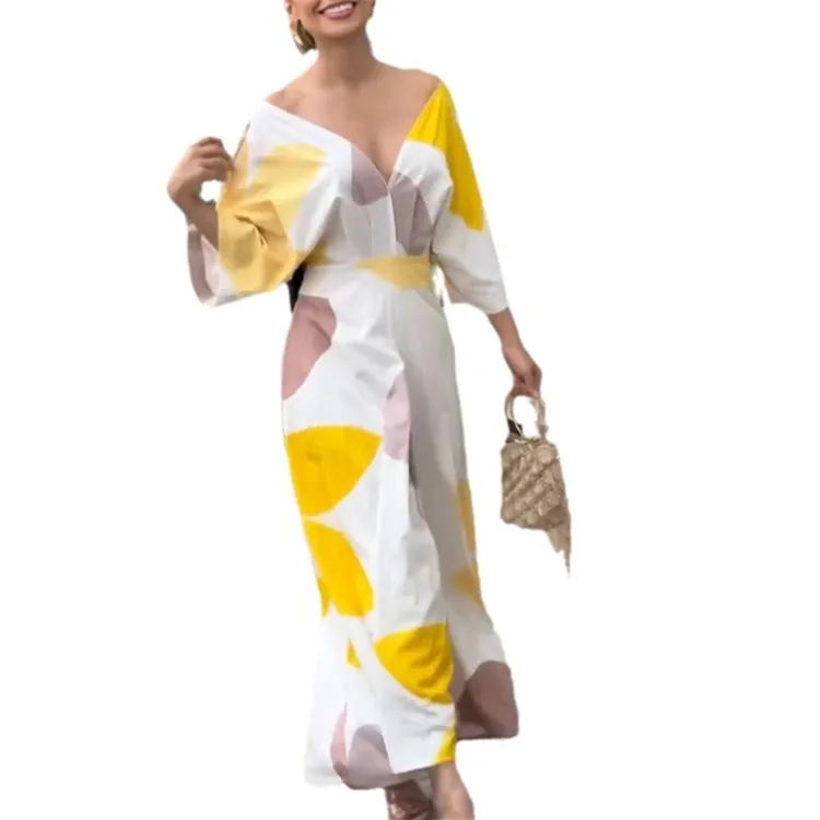 אופנה נשים בסגנון הדפס שמלות קז'ואל אלגנטיות עם צווארון V