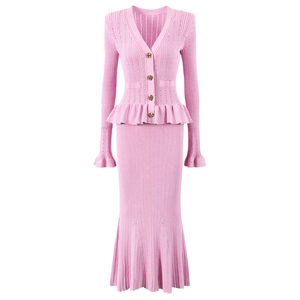 厂家批发休闲立体图案女装两件套开衫纽扣毛衣女装针织铅笔 - Product Image 4