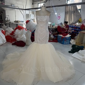 Robe de mariée sirène ivoire champagne Wx408, bustier, décolleté cœur, ornée de perles, broderies festonnées, traîne en tulle Jancember - Product Image 3