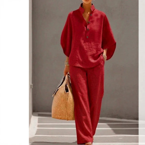 Ensemble décontracté en coton et lin pour femmes, bleu ciel, manches bouffantes, pantalon large, style Europe et Amérique - Product Image 2