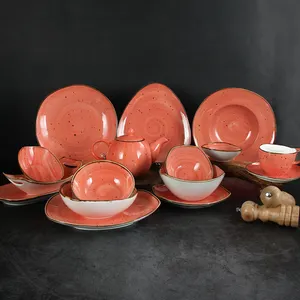 Set Piring Makan Mellow Mewah Pola Spiral Dilukis Tangan Set Keramik Kombinasi Bintik dengan Piring Mangkuk dan Cangkir