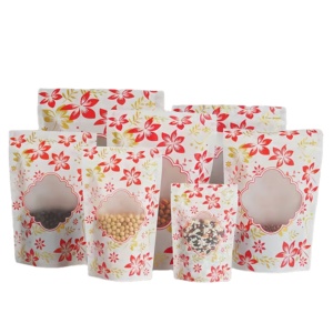 Vente en gros de fleurs rouges imprimées avec fenêtre transparente pour biscuits, bonbons, pochettes debout pour emballage alimentaire - Product Image 1