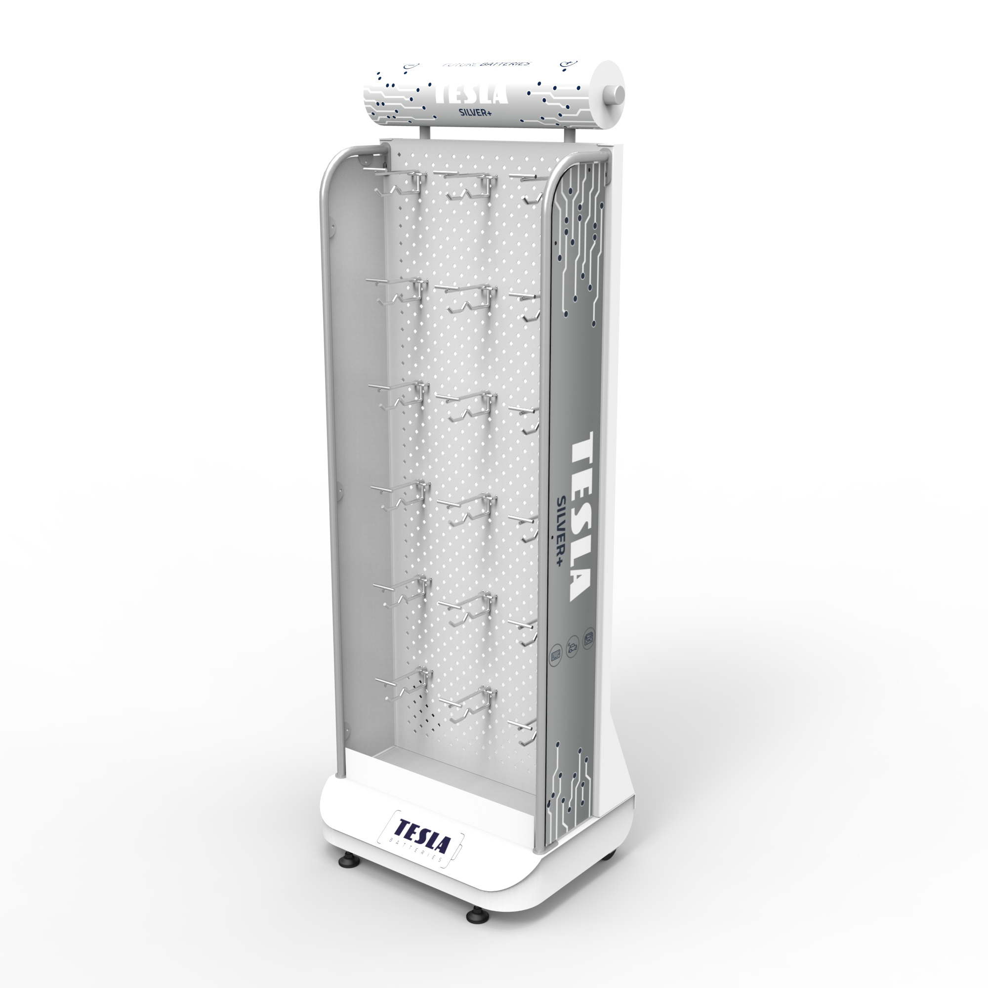 Battery Metal Display Rack Rechargeable Battery Single-side Floor Stand Hole Plate Shelf with Mobile Hooks and Wheels. — view 3