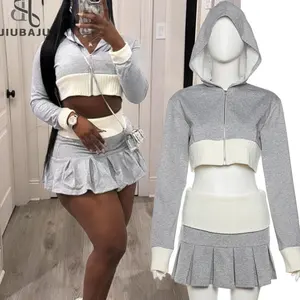 Y2k Skirt Set Women Korean Style Long Sleeve Crop Zip Up Hoodies Sexy Slim Mini Skirt Knitted Two Piece Set