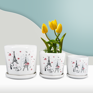 Ensemble de 3 pots de fleurs en céramique Tour Eiffel de <span class=keywords><strong>Paris</strong></span> avec soucoupe, style français, rose - Product Image 2