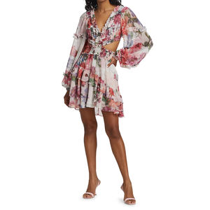 2026 nouveautés dame élégant évider imprimé fleuri plissé volants manches longues bouffantes a-ligne Floral Mini robe - Product Image 5