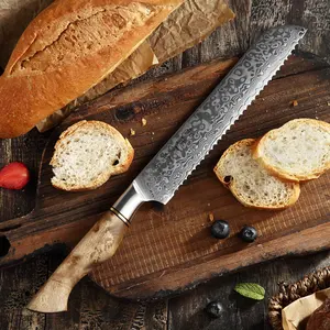 Wood Knife Unique Design Damascus Steel Kitchen Bread Knife With Figured Sycamore Wood Handle