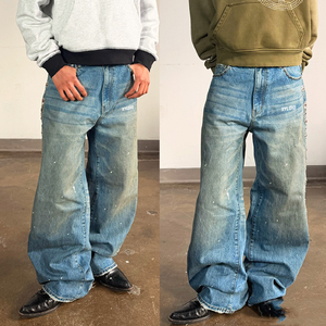 Jean sur mesure de fabricant, coupe oversize, denim épais 15 oz, style vintage, avec strass, coupe bootcut, jambe droite, jean baggy - Product Image 2