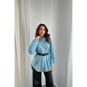 Camisa de Lino Teñida de Azul para Mujer con Pedrería, Blusas y Camisas al por Mayor - Product Image 5