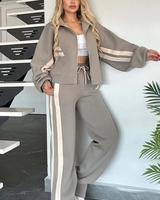 Ensemble de survêtement rayé zippé 2 pièces pour femme : sweat à capuche court à manches longues et pantalon large – Tenue décontractée de sport pour le quotidien